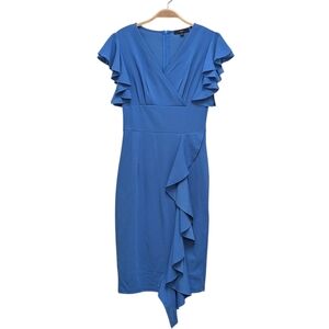 Knitee Blue Deep V Neck Ruffle Sleeve Cocktail Pencil Skirt Dress Small